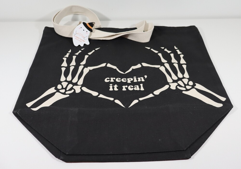 "Creepin' it Real" Black Halloween Canvas 2 sided graphic Tote Bag-Large-20"X20"